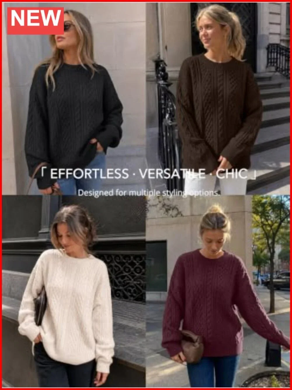 Oversized Cable Knit Chunky Pullover Sweater Cotton Blend Crew Neck